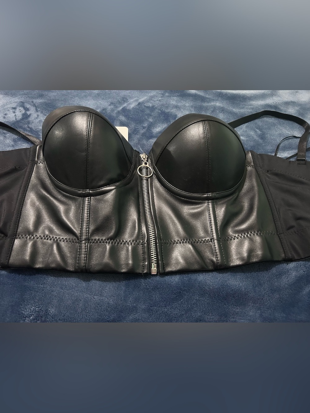 Faux Leather Front-Zip Bustier Bra - Black